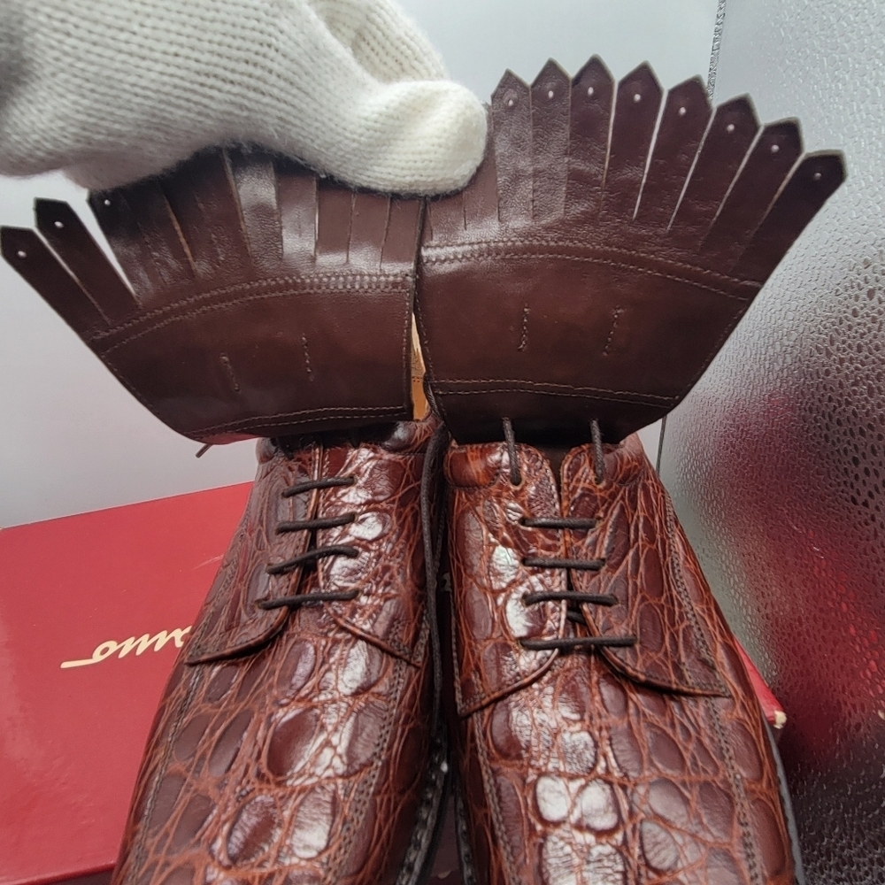 Authentic SALVATORE FERRAGAMO Brown Leather Alligator Golf Shoes Kilts 9 AA BOX - Picture 8 of 13